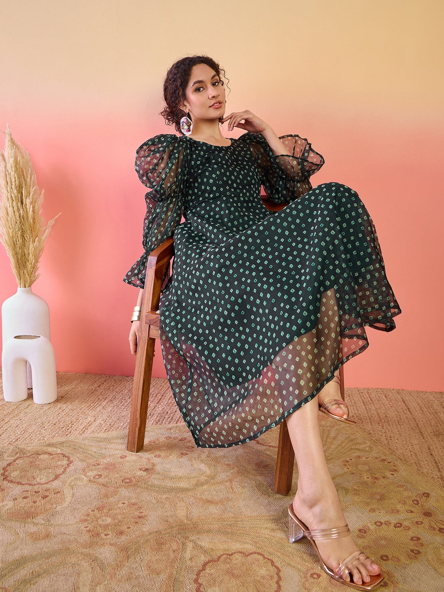 Dark Green Digital Print Flared Midi Dress - Elganza
