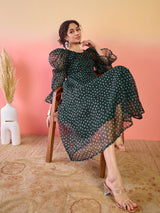 Dark Green Digital Print Flared Midi Dress - Elganza