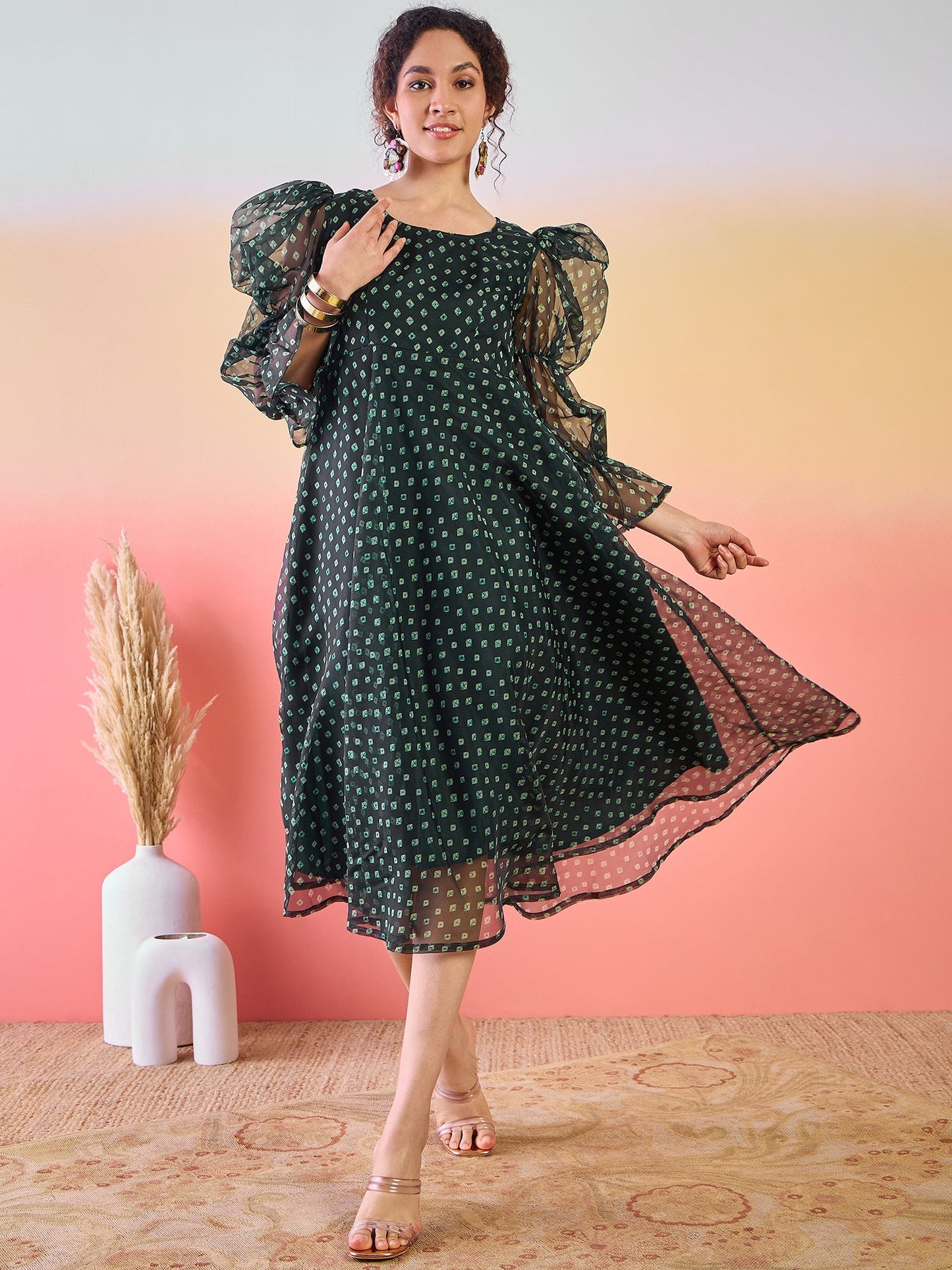Dark Green Digital Print Flared Midi Dress - Elganza