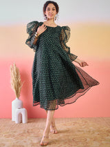 Dark Green Digital Print Flared Midi Dress - Elganza