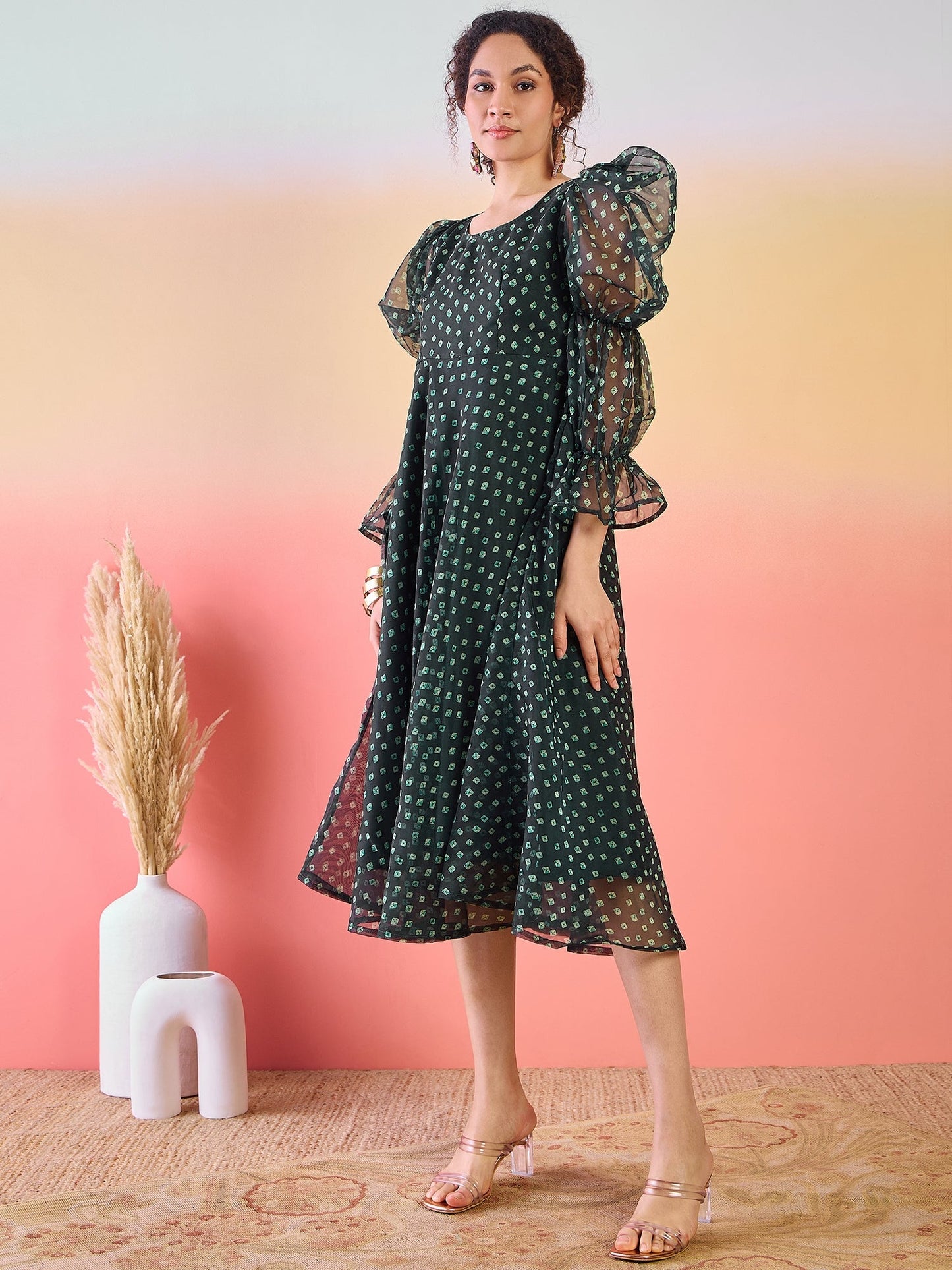 Dark Green Digital Print Flared Midi Dress - Elganza
