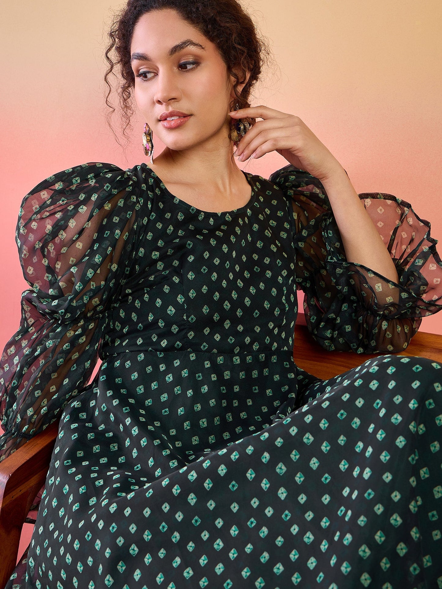 Dark Green Digital Print Flared Midi Dress - Elganza