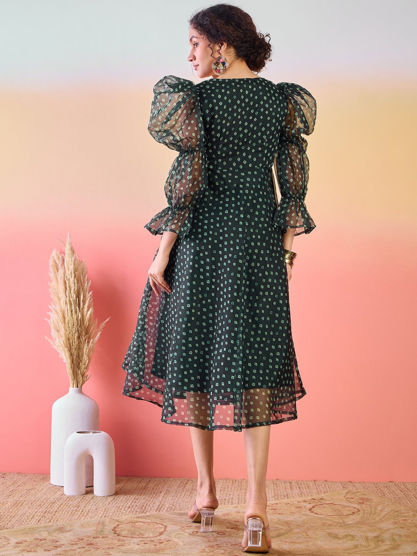 Dark Green Digital Print Flared Midi Dress - Elganza