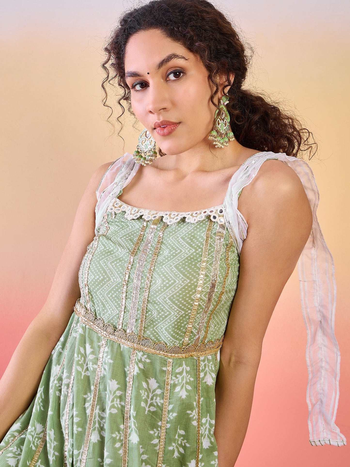 Pastel Green Printed Anarkali With Lace Details - Elganza