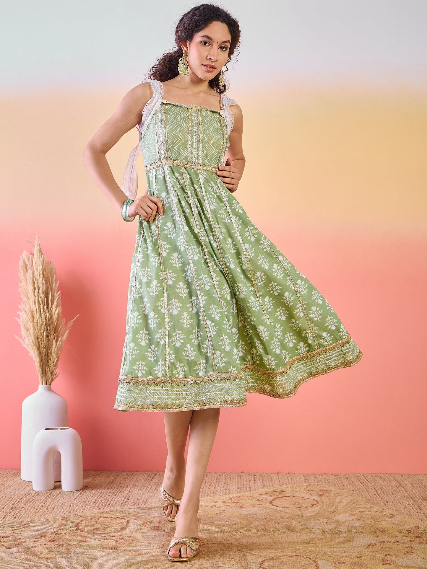 Pastel Green Printed Anarkali With Lace Details - Elganza