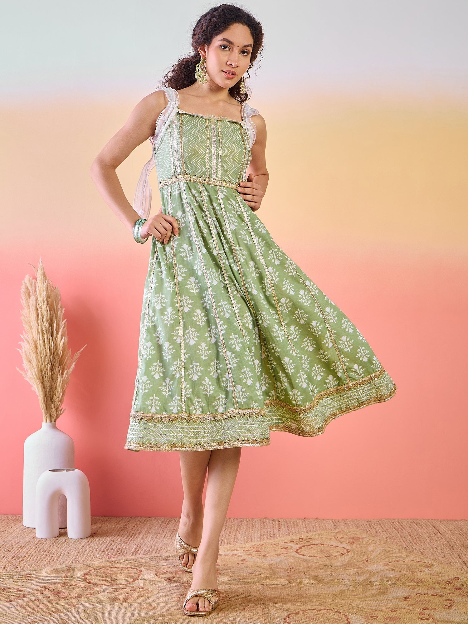 Pastel Green Printed Anarkali With Lace Details - Elganza