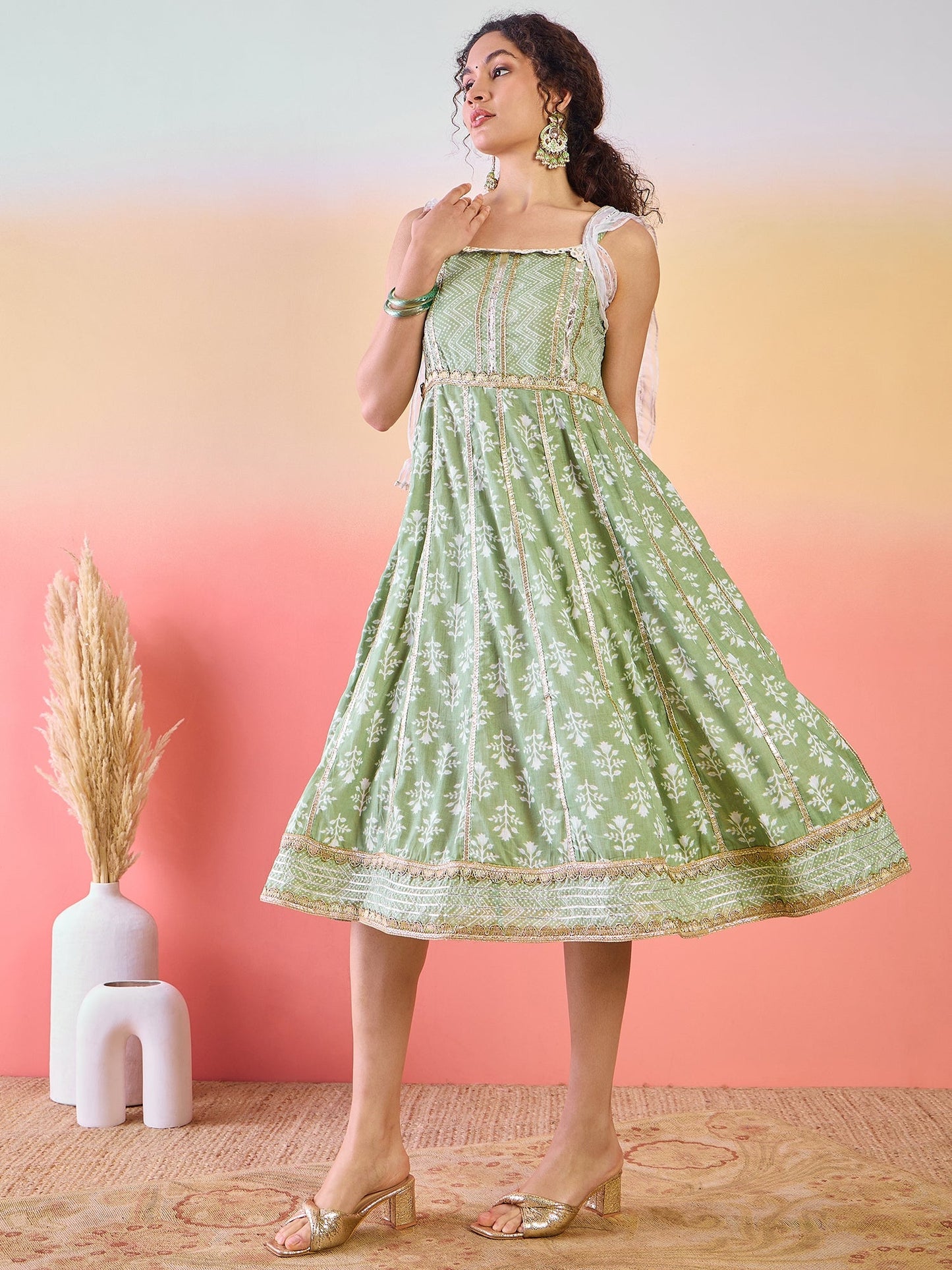 Pastel Green Printed Anarkali With Lace Details - Elganza