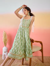 Pastel Green Printed Anarkali With Lace Details - Elganza