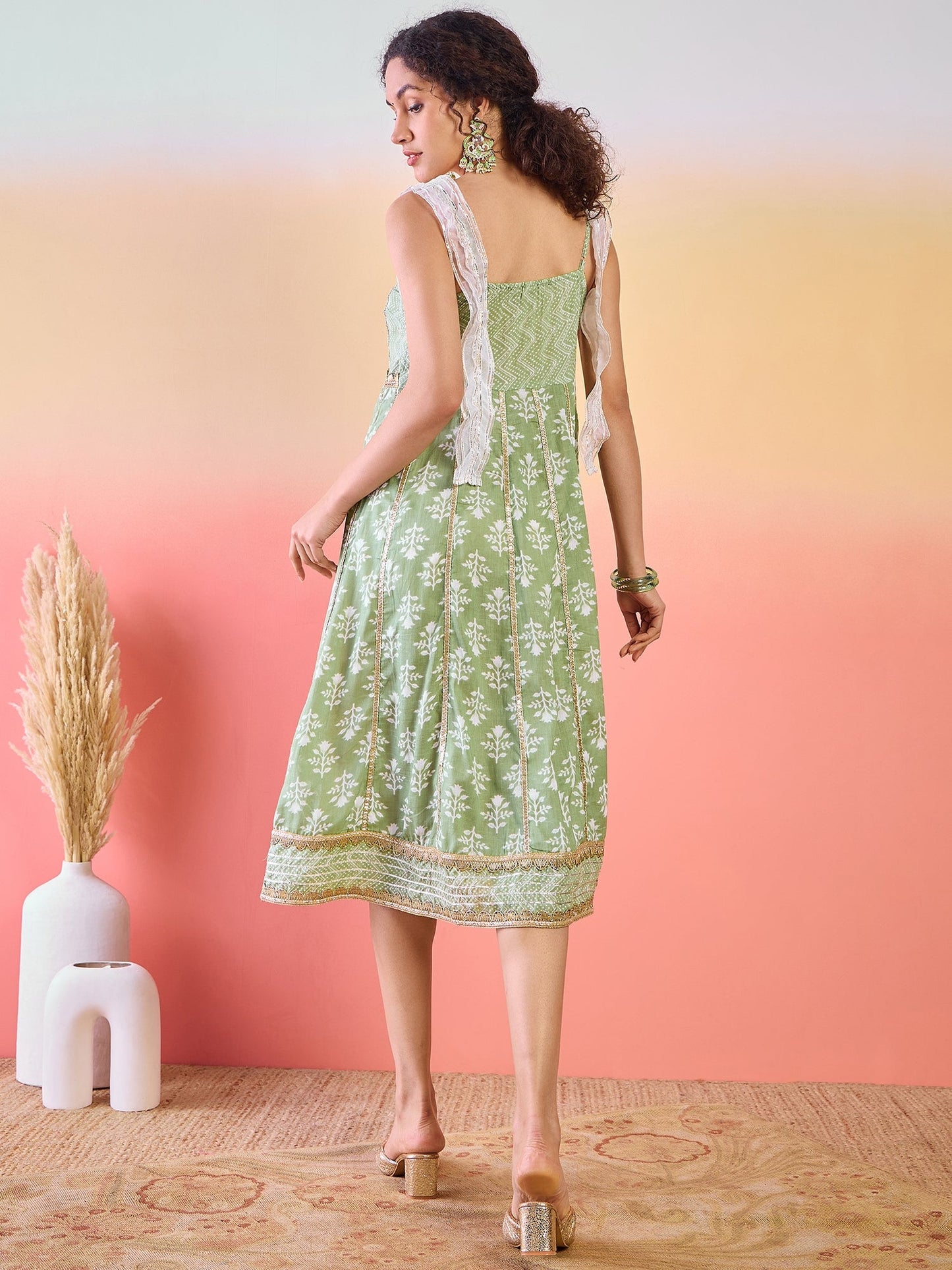 Pastel Green Printed Anarkali With Lace Details - Elganza