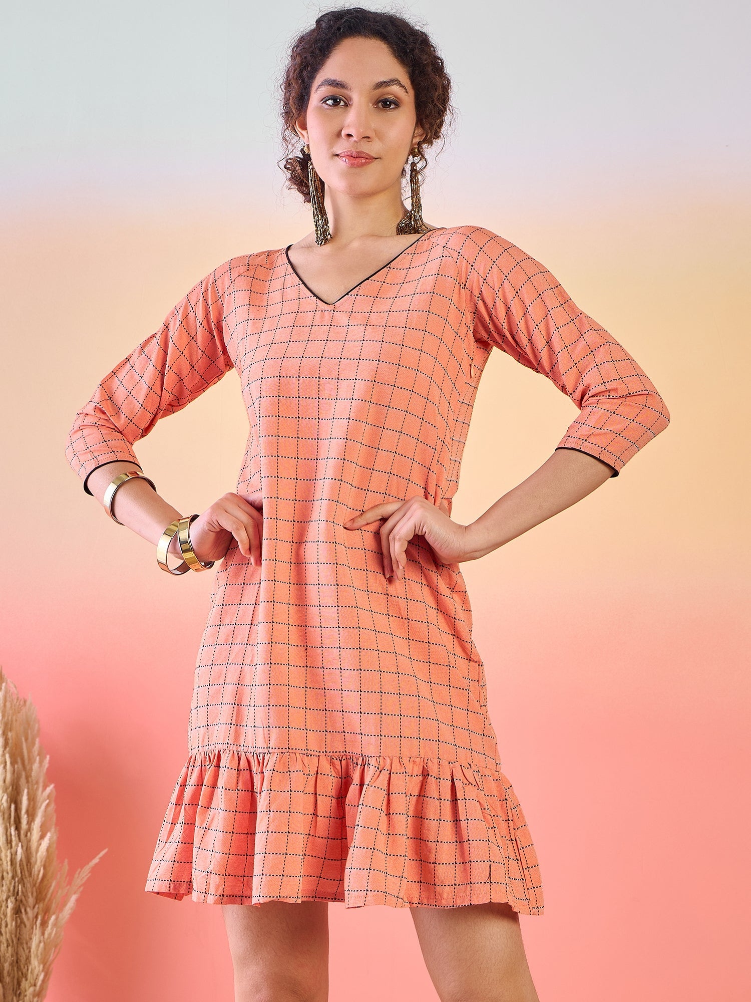 Peach Woven Design Mini Dress - Elganza