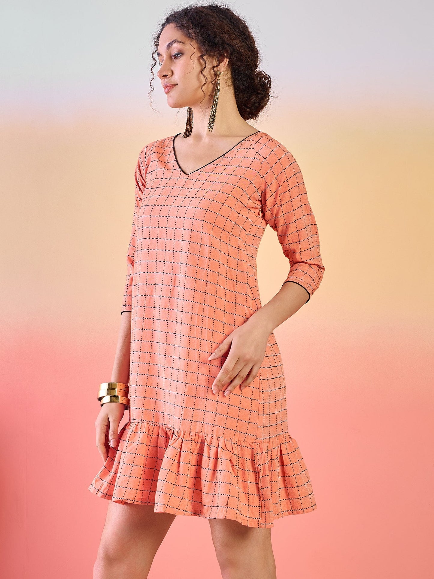 Peach Woven Design Mini Dress - Elganza