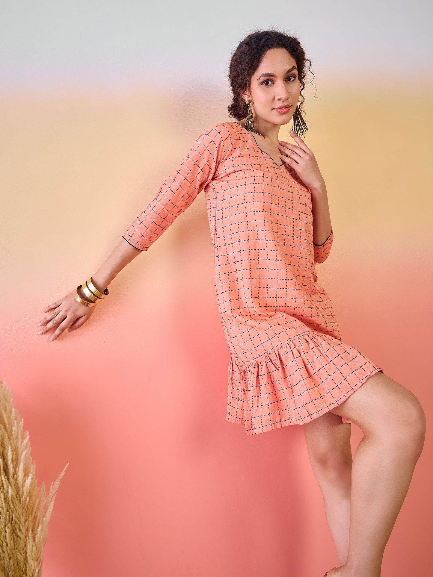 Peach Woven Design Mini Dress - Elganza