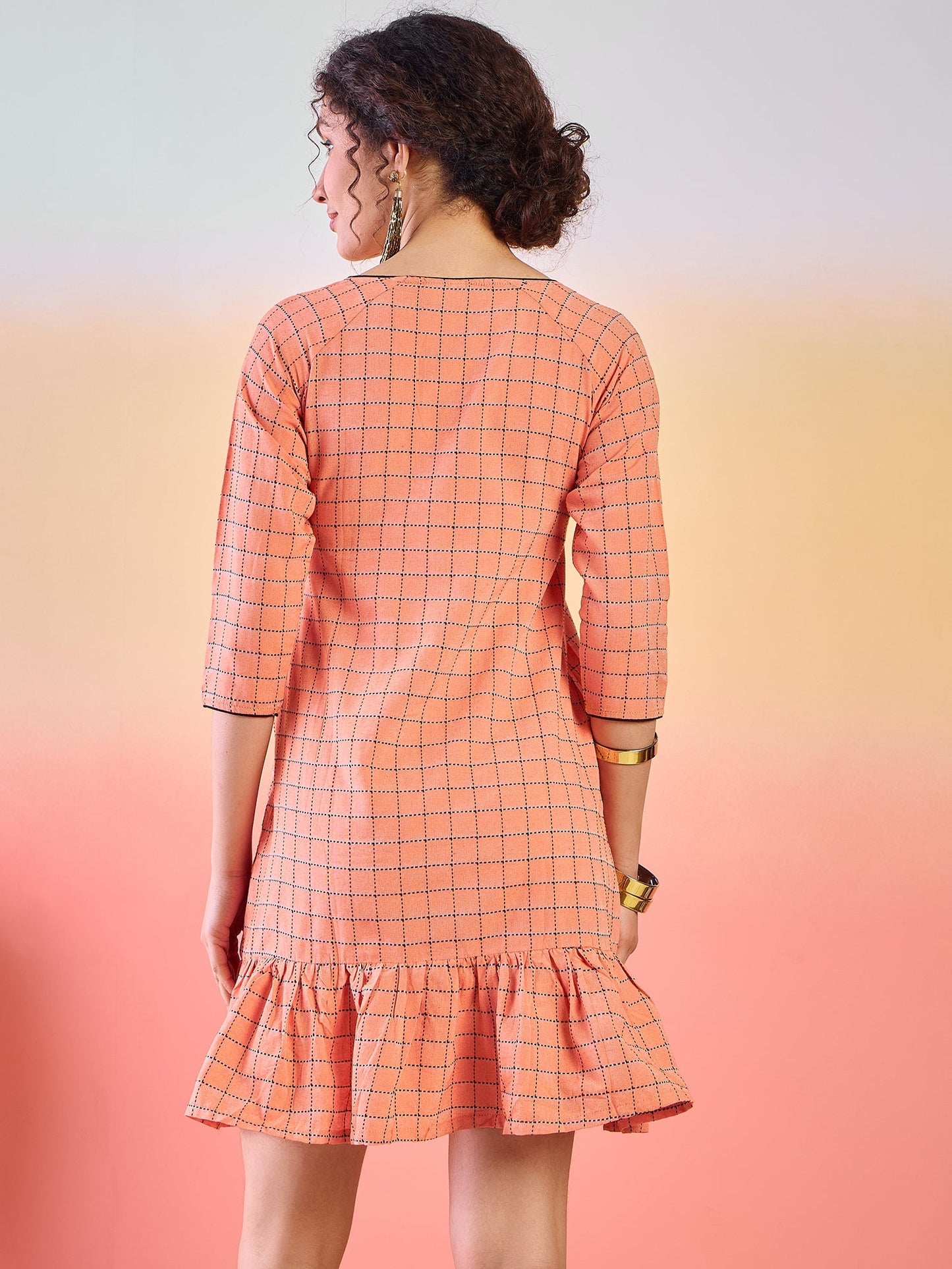 Peach Woven Design Mini Dress - Elganza