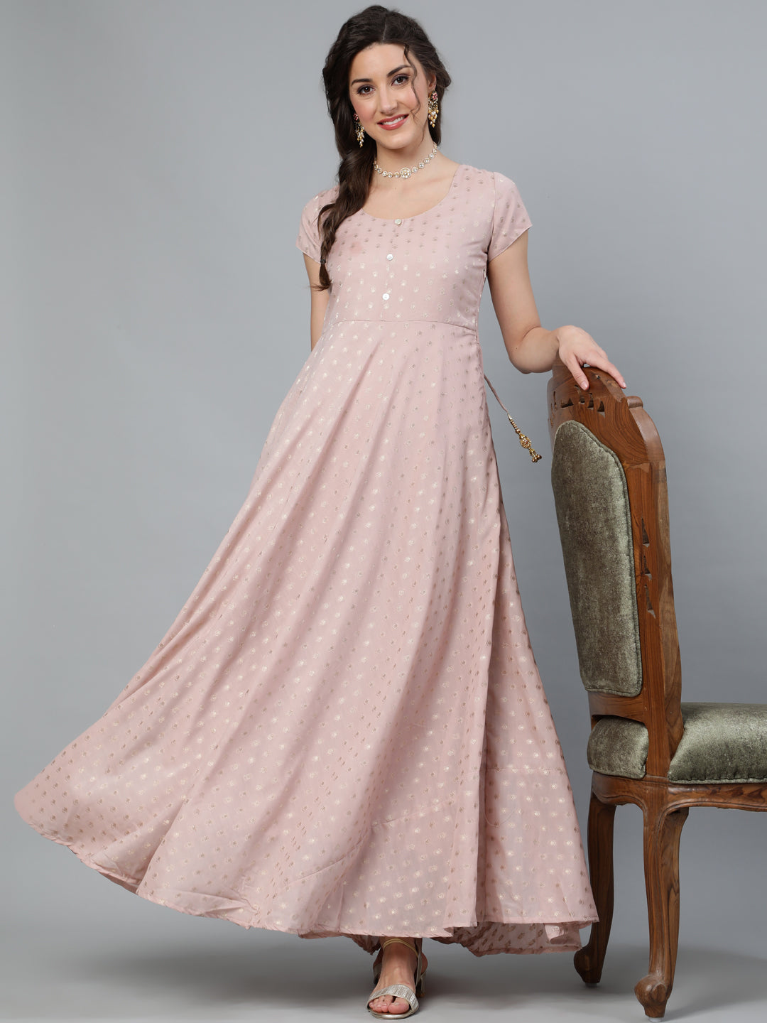 Nude Zari Worked Flared Maxi Dress - Elganza