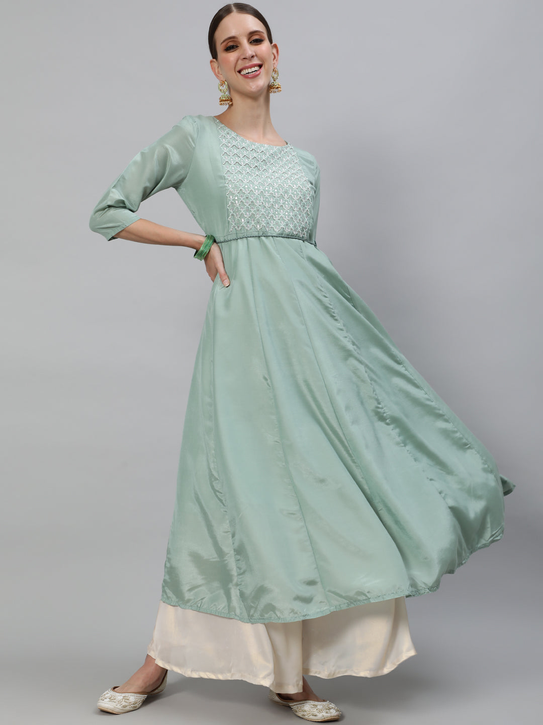 Pastel Green Flared Anarkali - Elganza