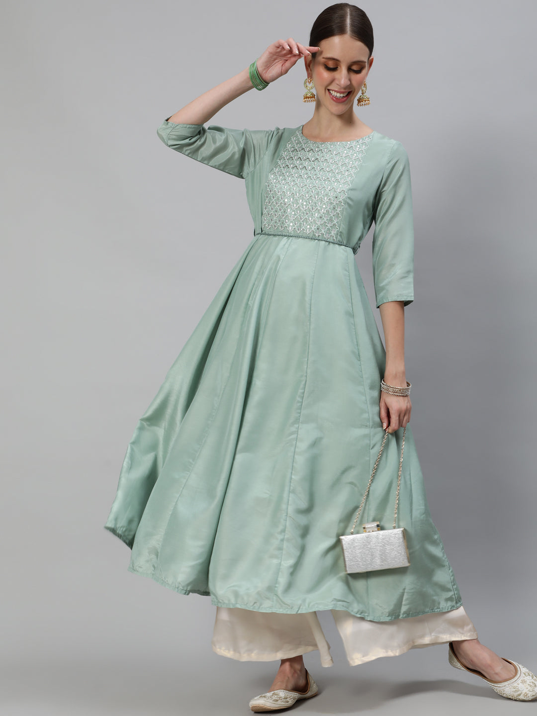 Pastel Green Flared Anarkali - Elganza