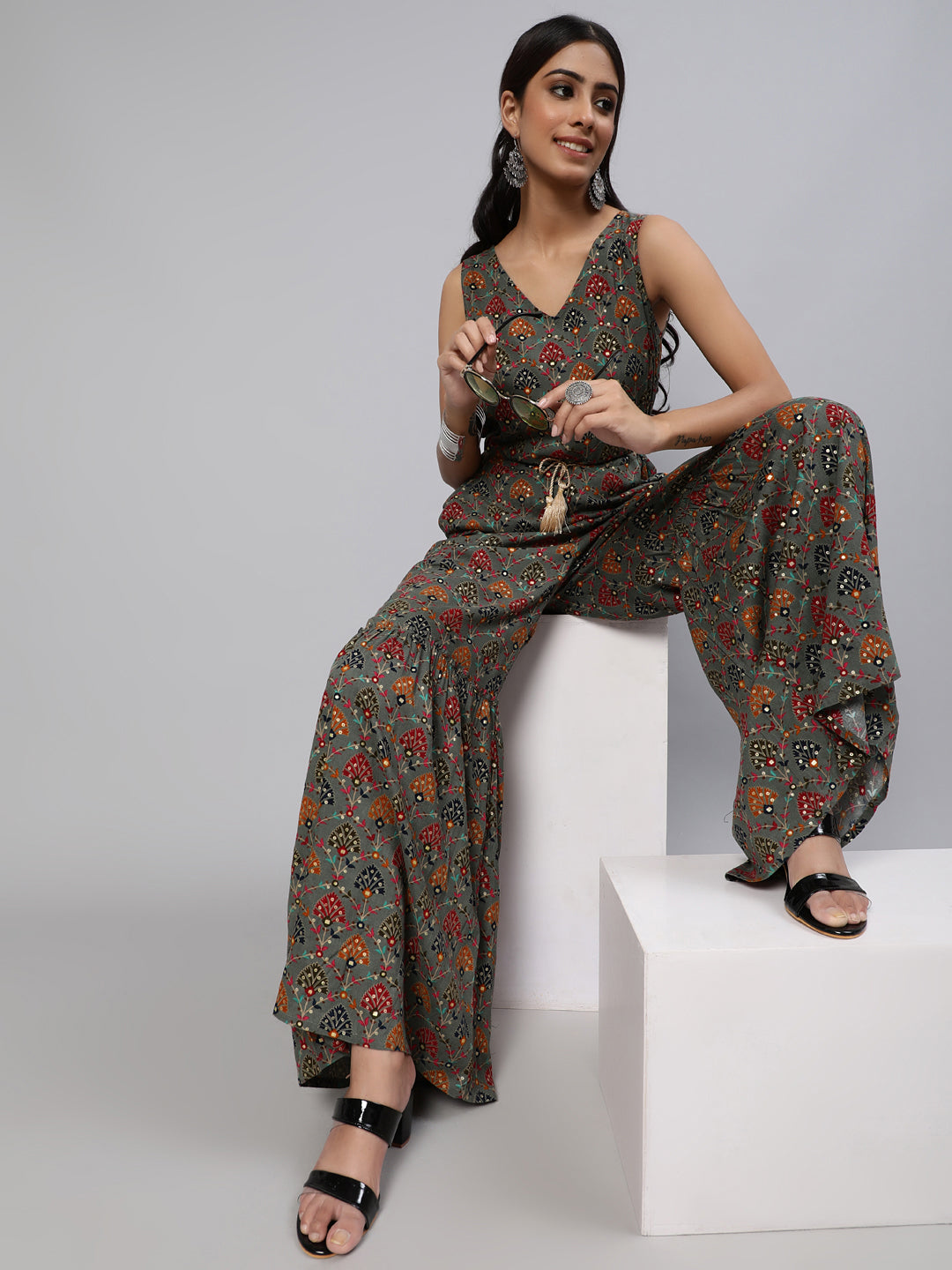 Grey Gold Print Jumpsuit - Elganza