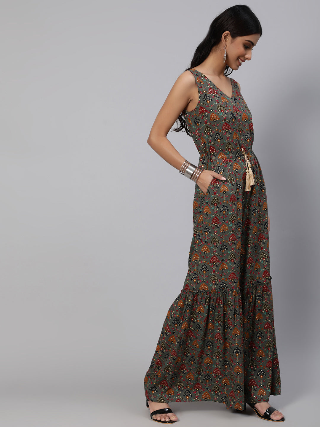 Grey Gold Print Jumpsuit - Elganza