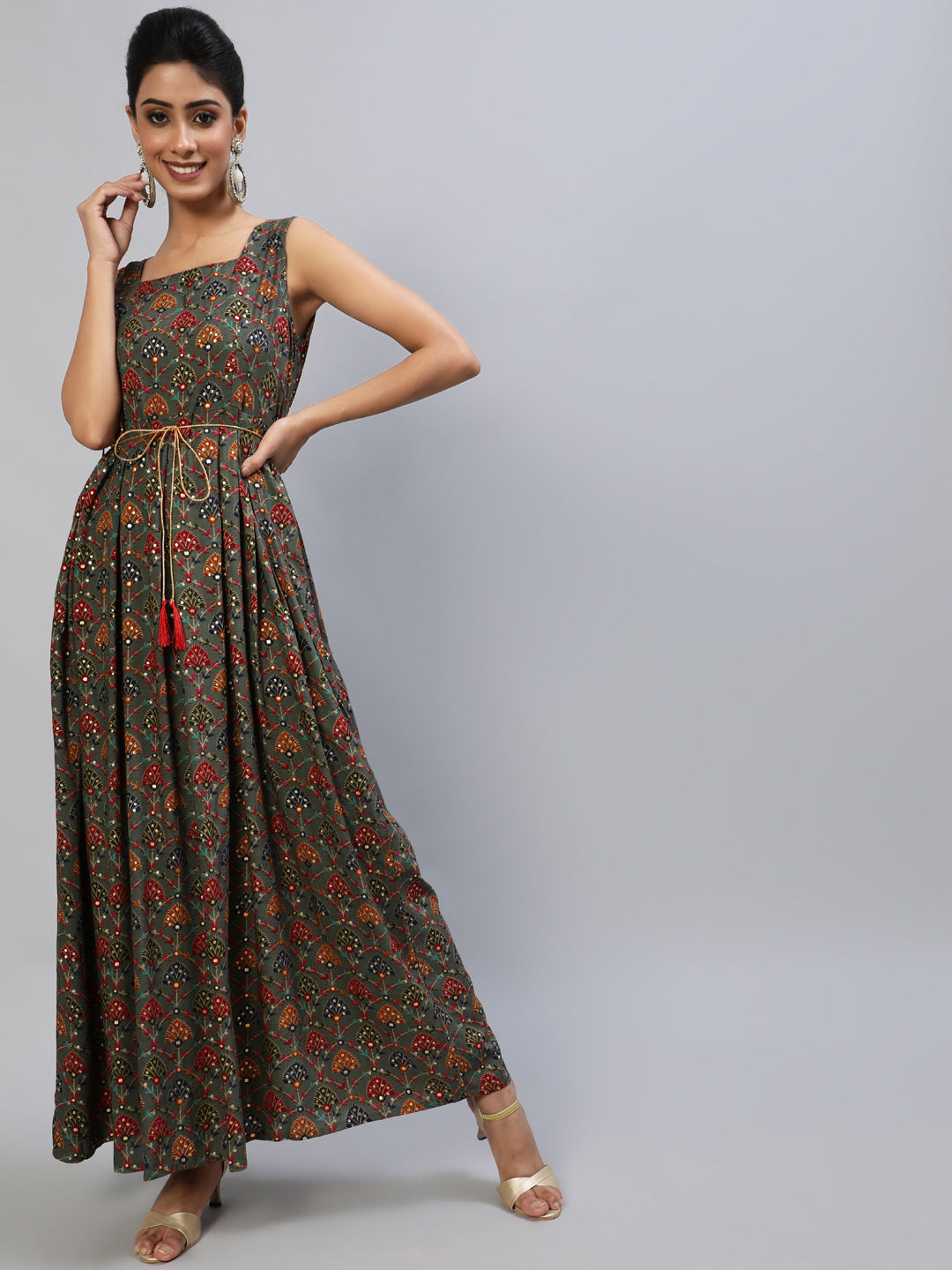 Grey Gold Printed Box Pleated Maxi Dress - Elganza