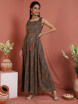 Grey Gold Printed Box Pleated Maxi Dress - Elganza