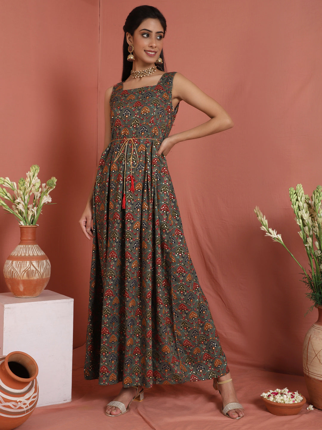 Grey Gold Printed Box Pleated Maxi Dress - Elganza