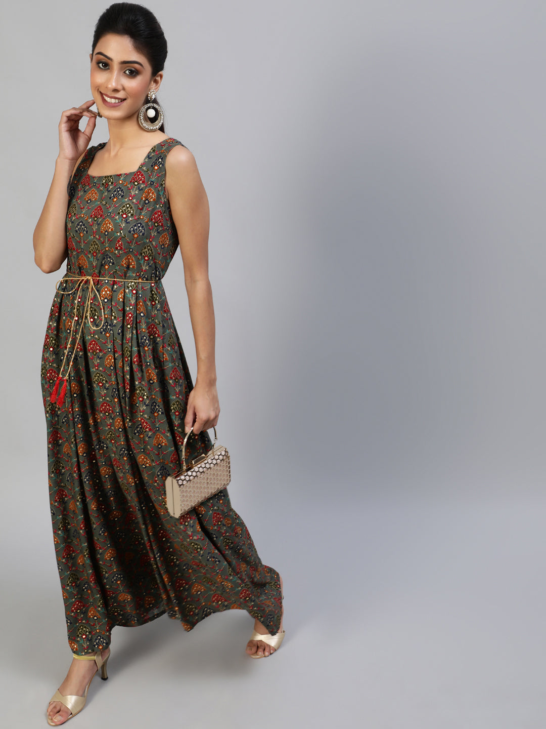Grey Gold Printed Box Pleated Maxi Dress - Elganza