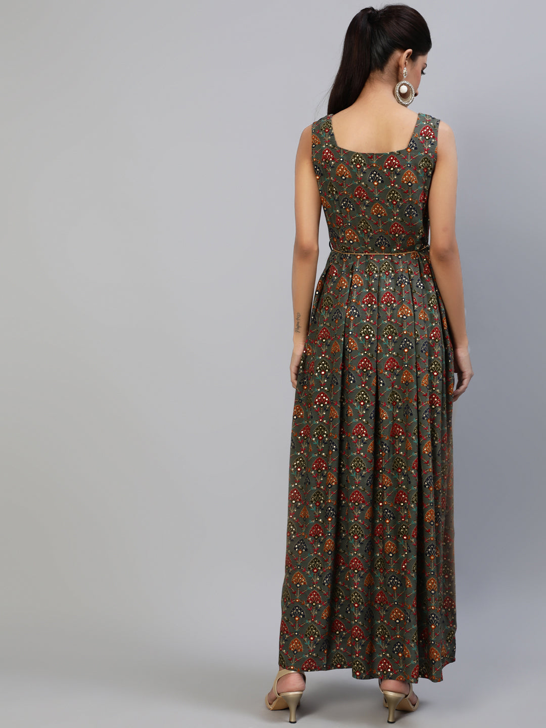 Grey Gold Printed Box Pleated Maxi Dress - Elganza