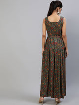 Grey Gold Printed Box Pleated Maxi Dress - Elganza