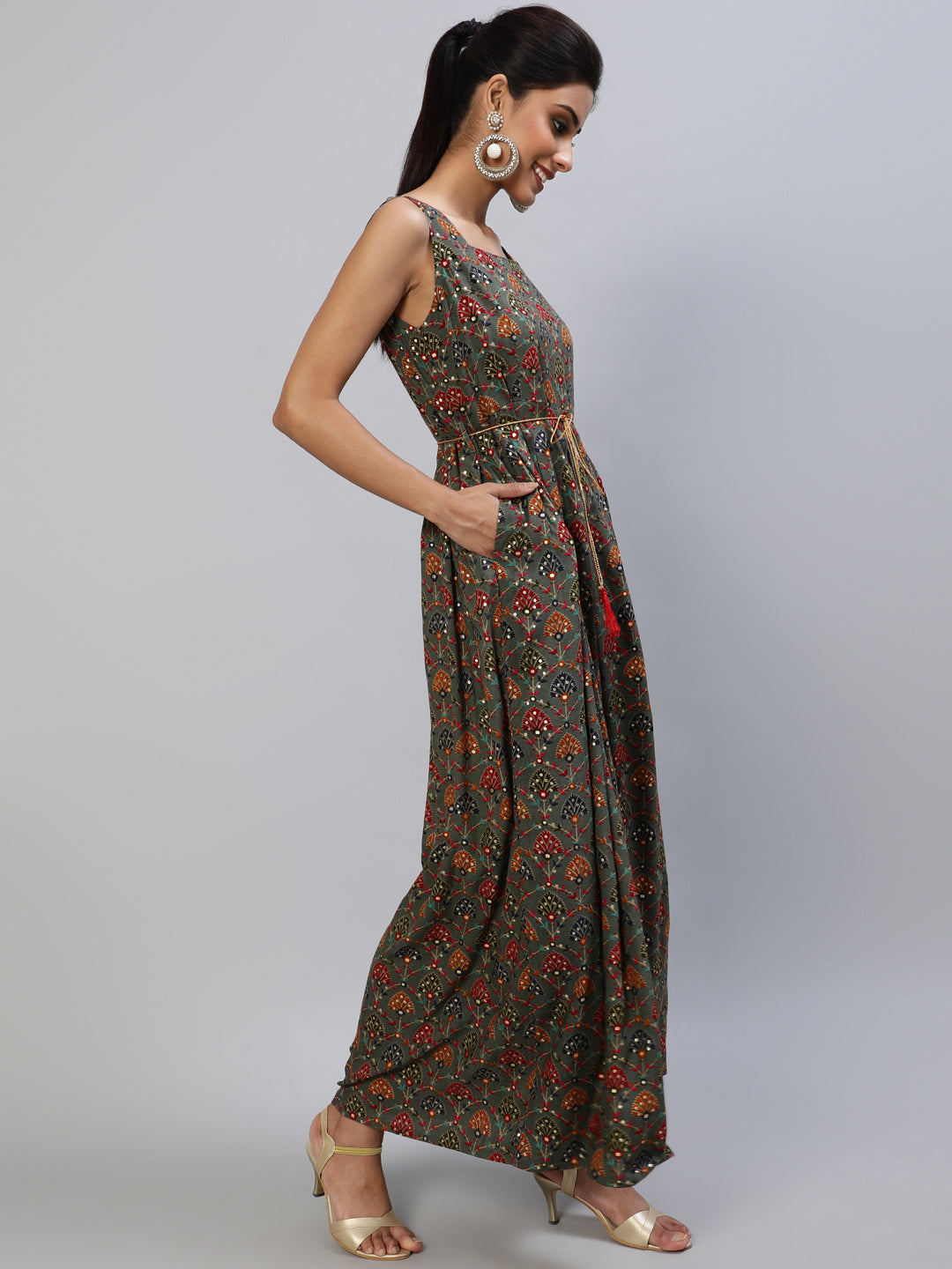 Grey Gold Printed Box Pleated Maxi Dress - Elganza