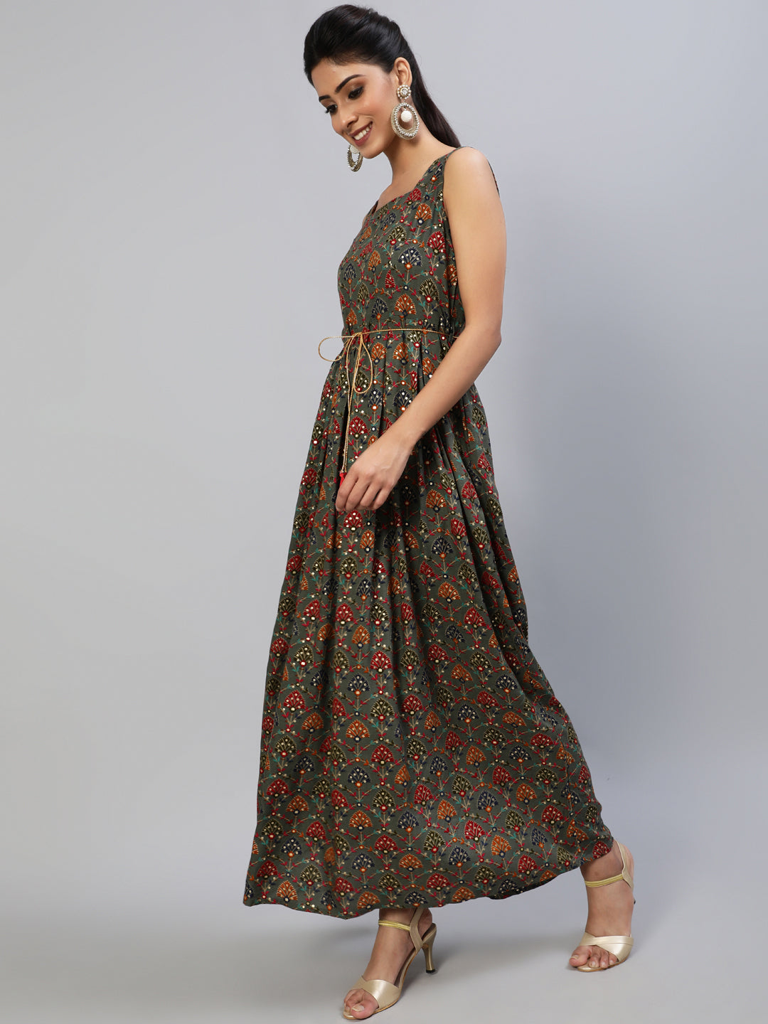Grey Gold Printed Box Pleated Maxi Dress - Elganza