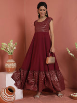 Maroon Gold Foil Print Maxi Dress - Elganza