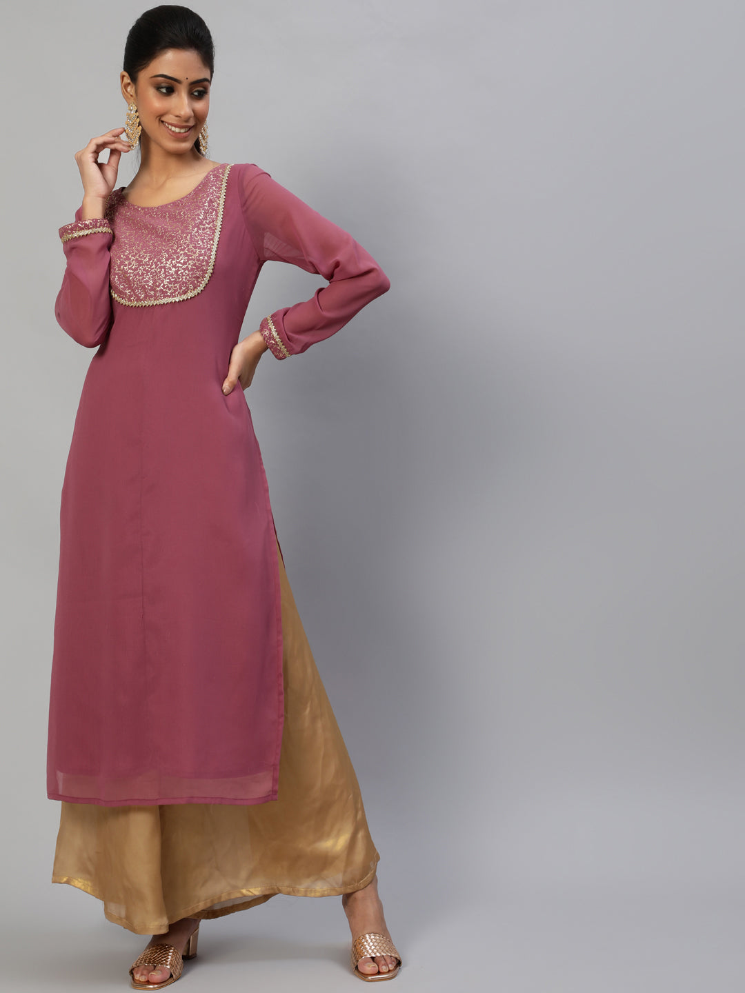 Mauve Gold Foil Print Kurta - Elganza