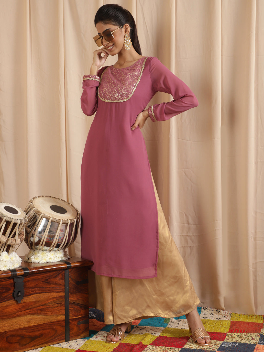 Mauve Gold Foil Print Kurta - Elganza