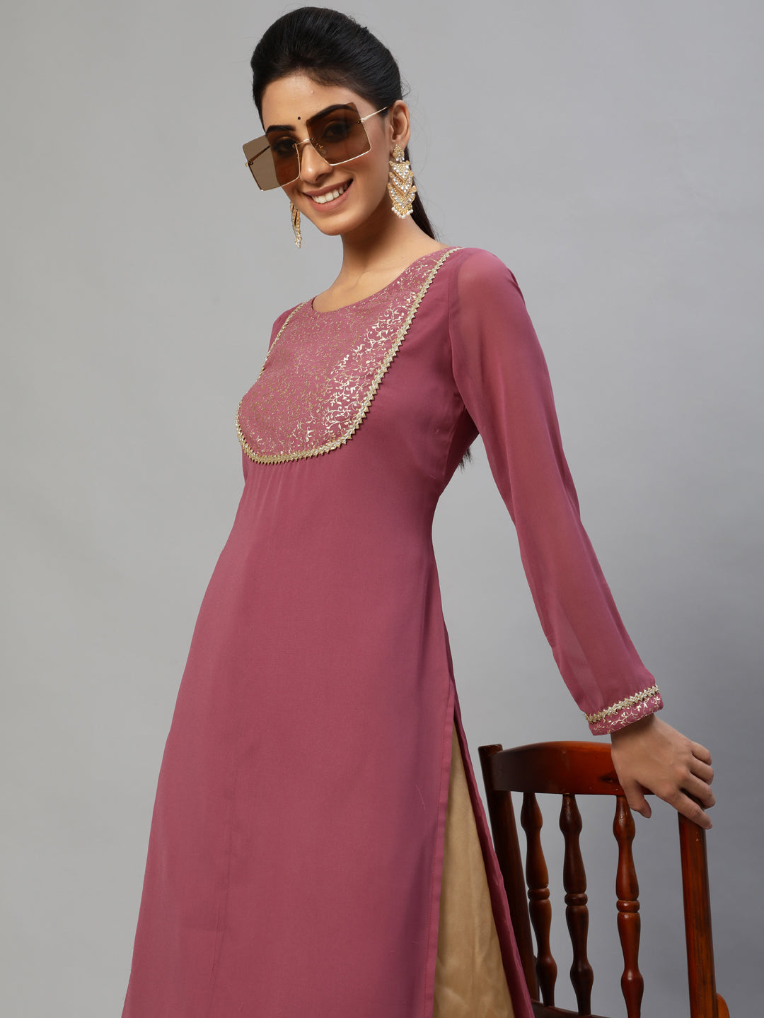 Mauve Gold Foil Print Kurta - Elganza