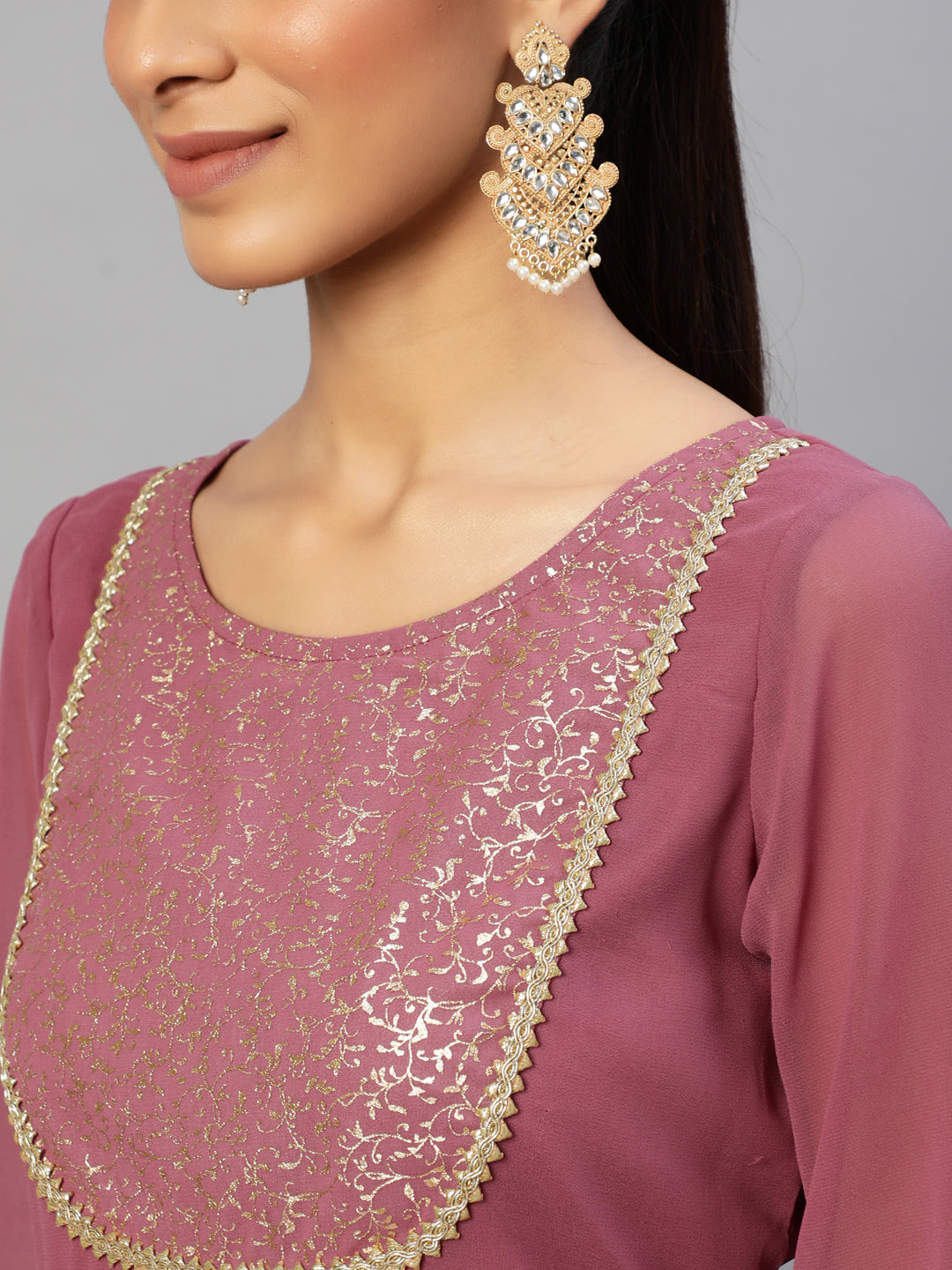 Mauve Gold Foil Print Kurta - Elganza