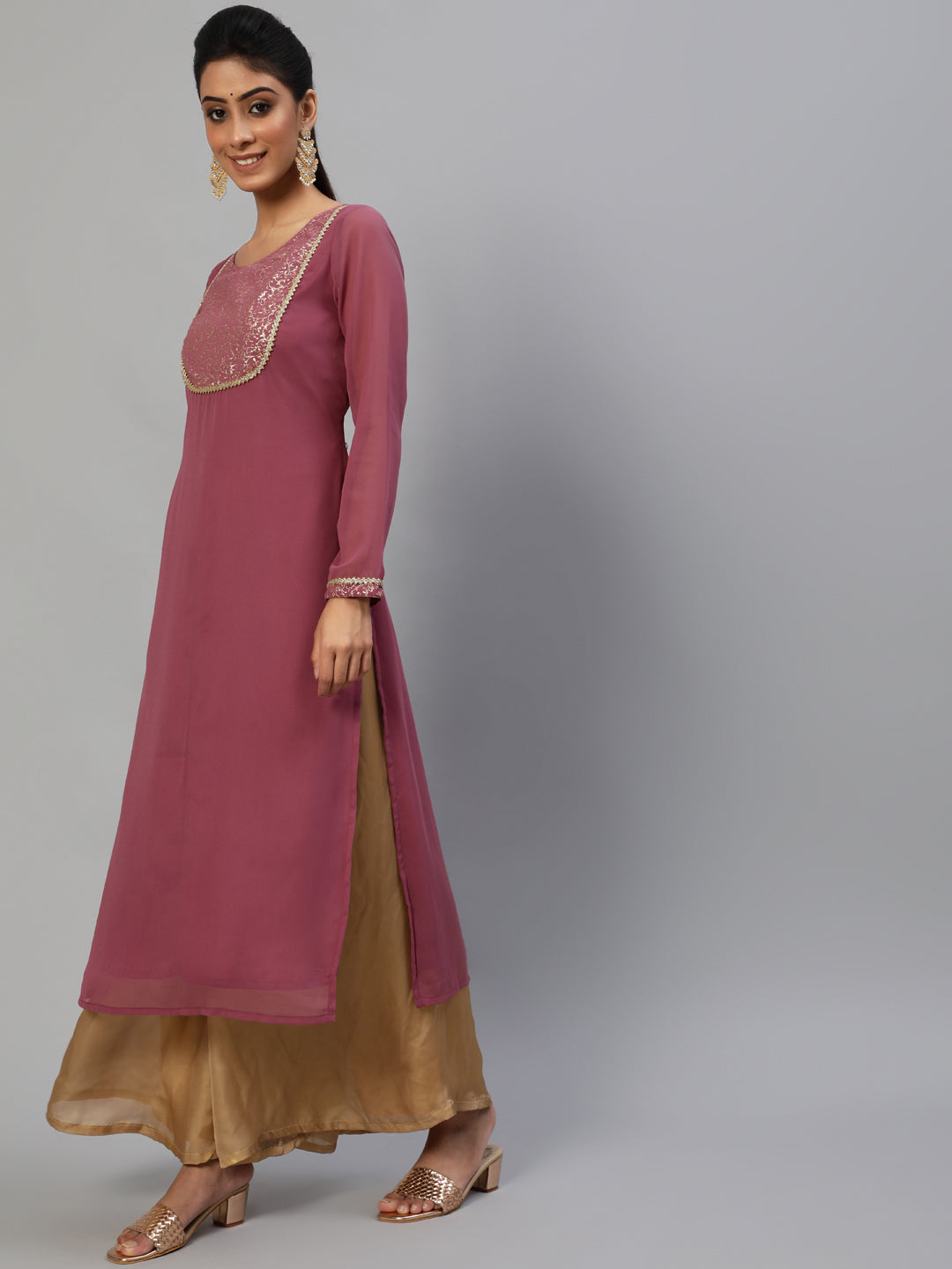 Mauve Gold Foil Print Kurta - Elganza