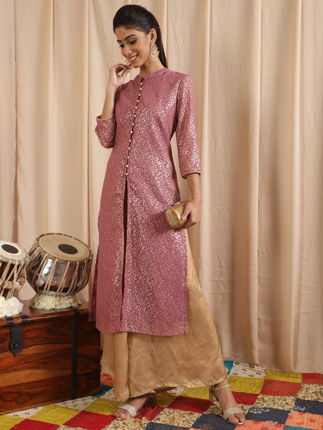 Mauve Gold Foil Print High Slit Kurta - Elganza