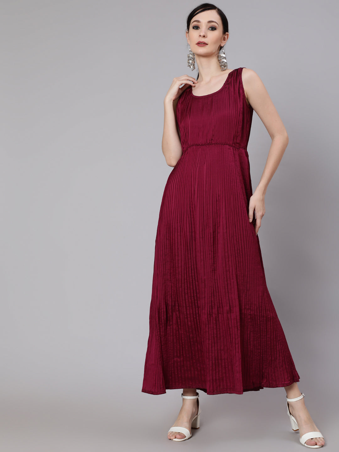 Magenta Pleated Maxi Dress - Elganza