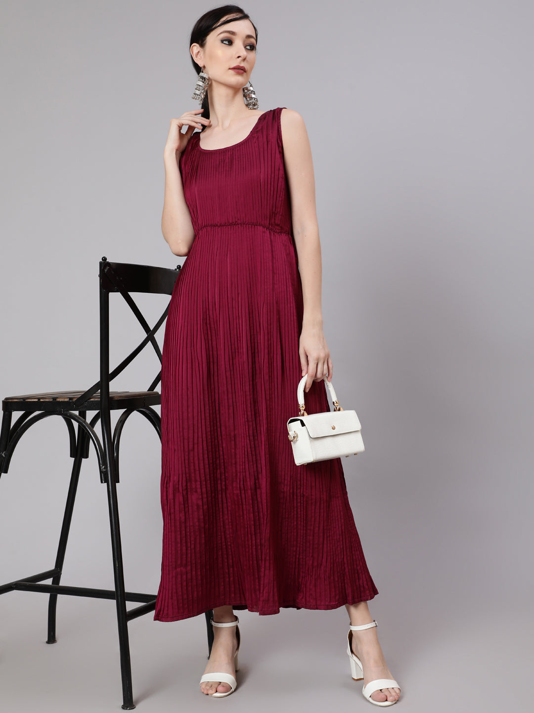 Magenta Pleated Maxi Dress - Elganza