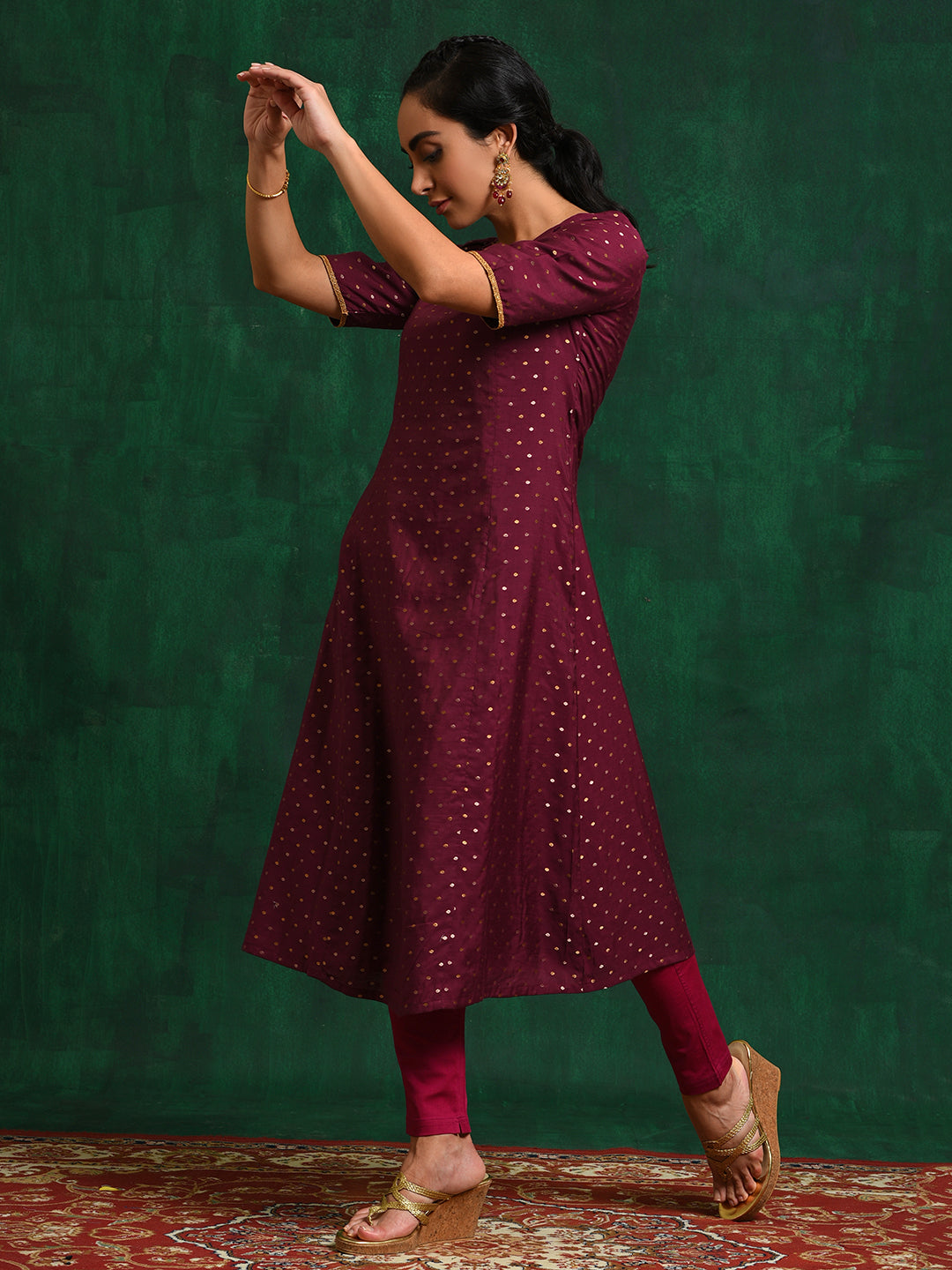 Burgundy Dobby Woven Design A-Line Kurta - Elganza