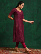Burgundy Dobby Woven Design A-Line Kurta - Elganza