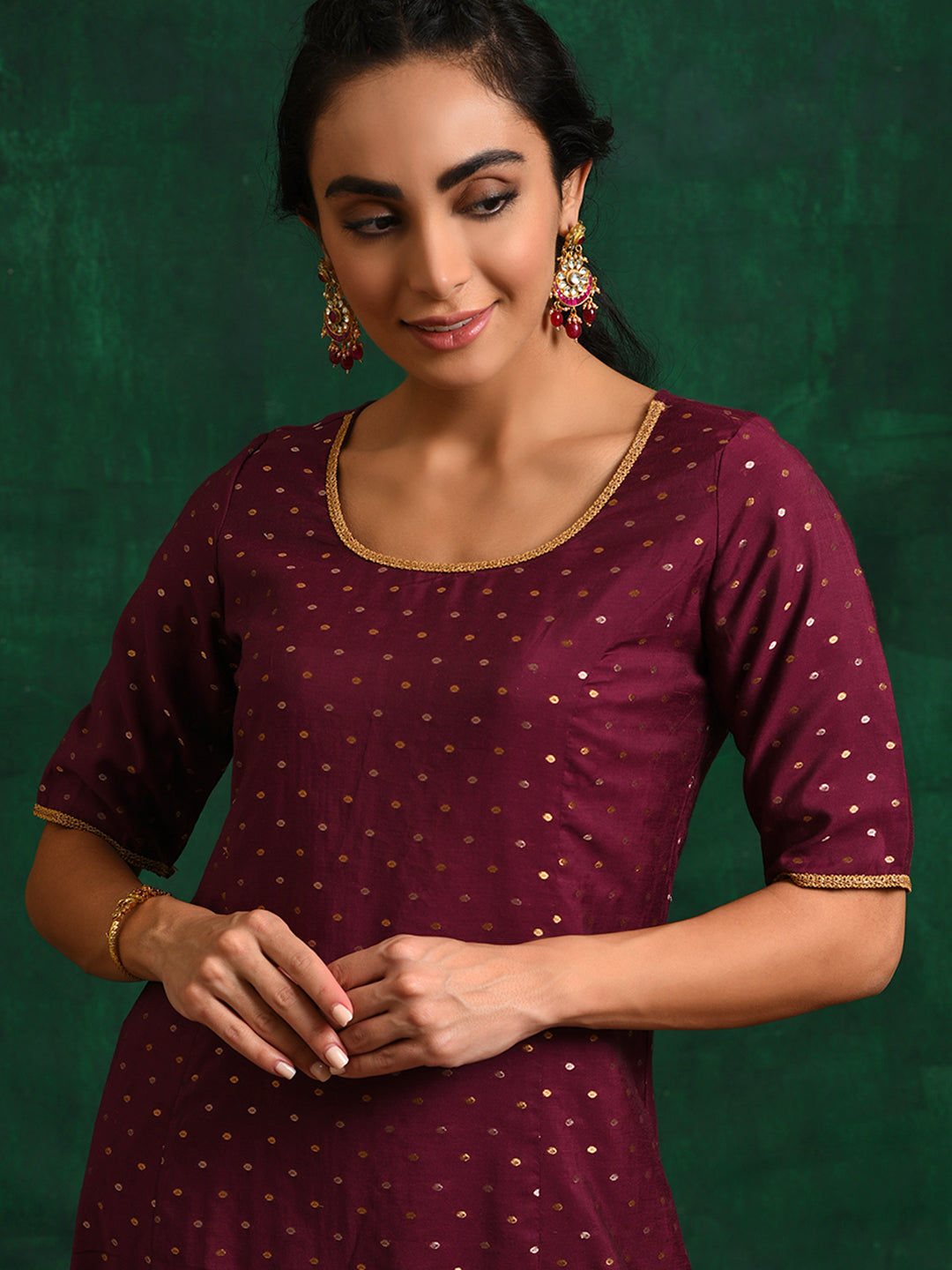 Burgundy Dobby Woven Design A-Line Kurta - Elganza