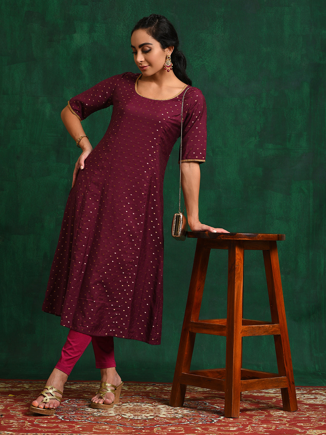 Burgundy Dobby Woven Design A-Line Kurta - Elganza
