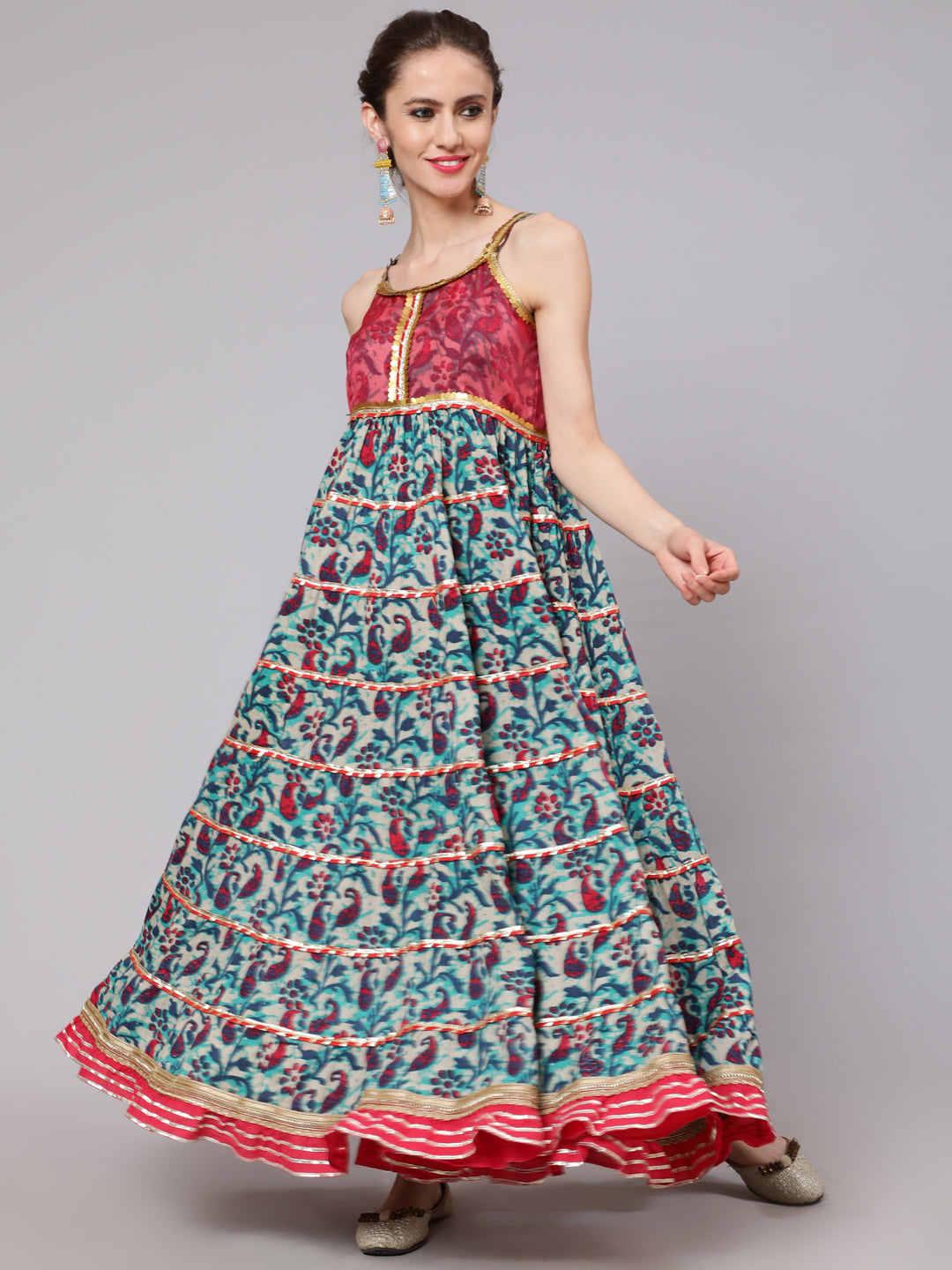 Blue Floral Print Tiered Maxi Dress With Lace Details - Elganza