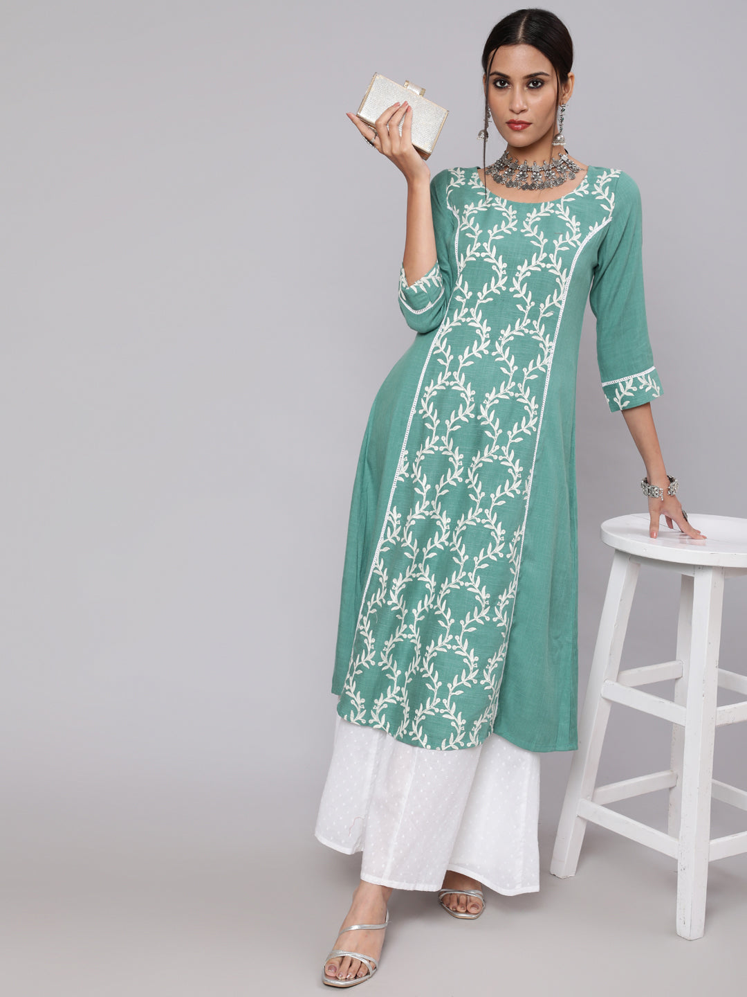 Green Embroidered A-Line Kurta - Elganza