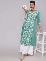 Green Embroidered A-Line Kurta - Elganza