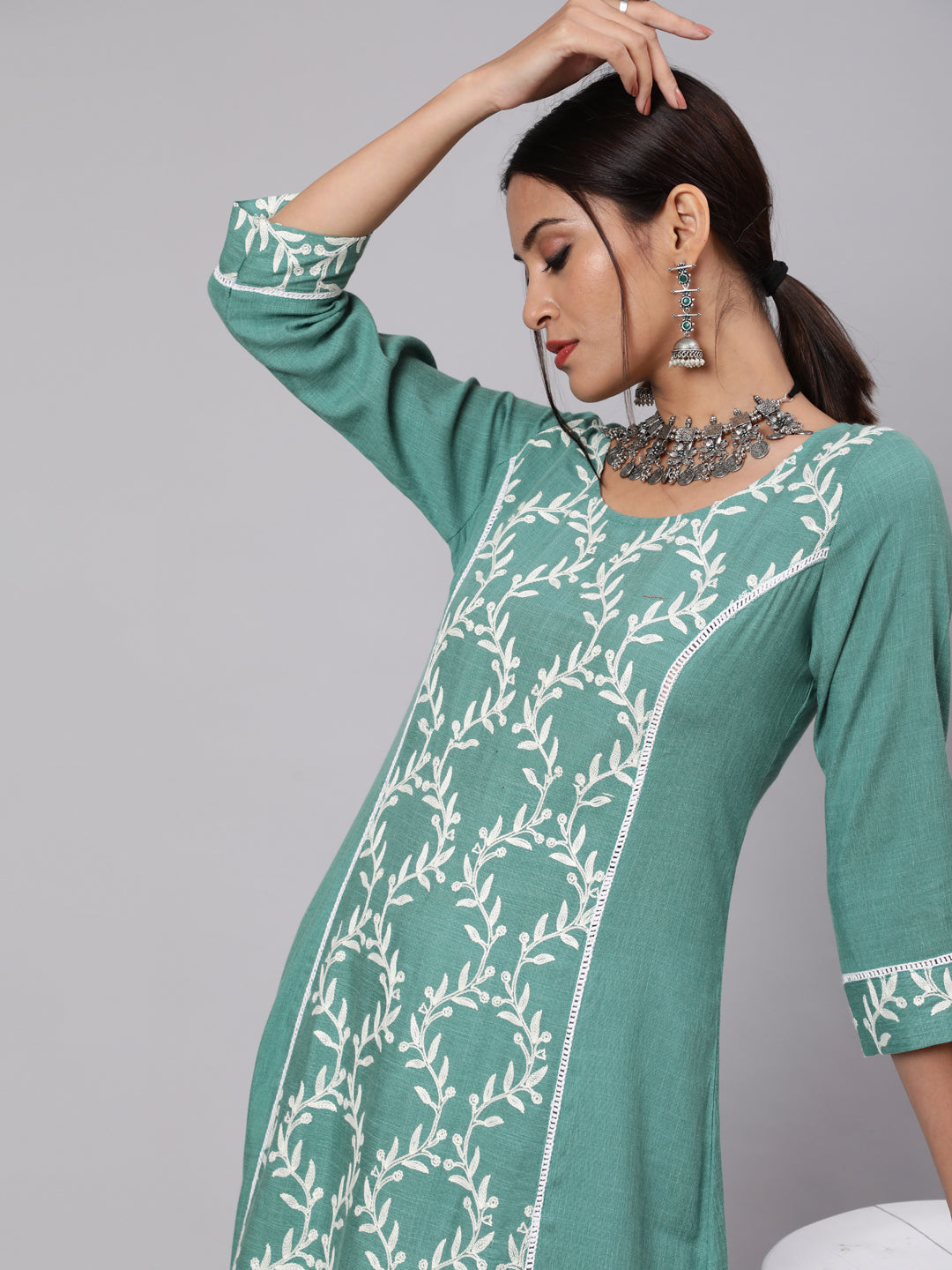 Green Embroidered A-Line Kurta - Elganza
