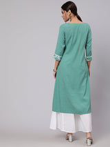 Green Embroidered A-Line Kurta - Elganza