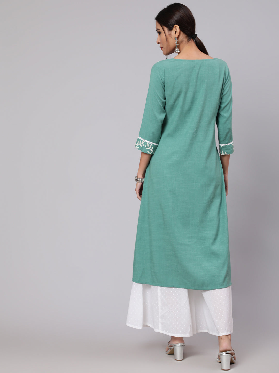 Green Embroidered A-Line Kurta - Elganza