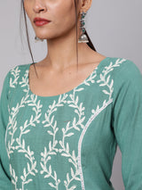 Green Embroidered A-Line Kurta - Elganza